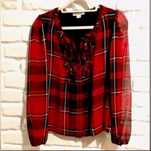 Pendleton Plaid Silk Blouse, Ruffles + Puff Shoulder, Blaid, Red, 6
